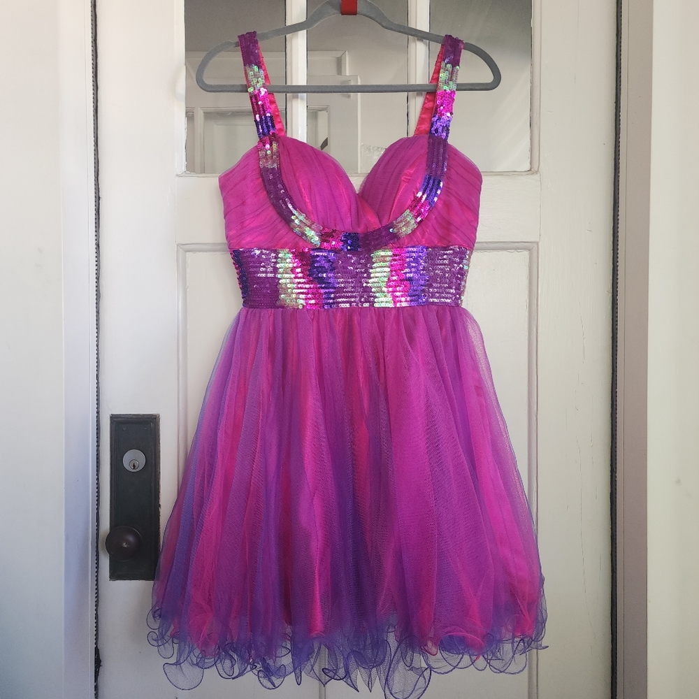 LET'S Fashion Y2K Barbiecore Sequined Fit & Flare Dress, Sz S